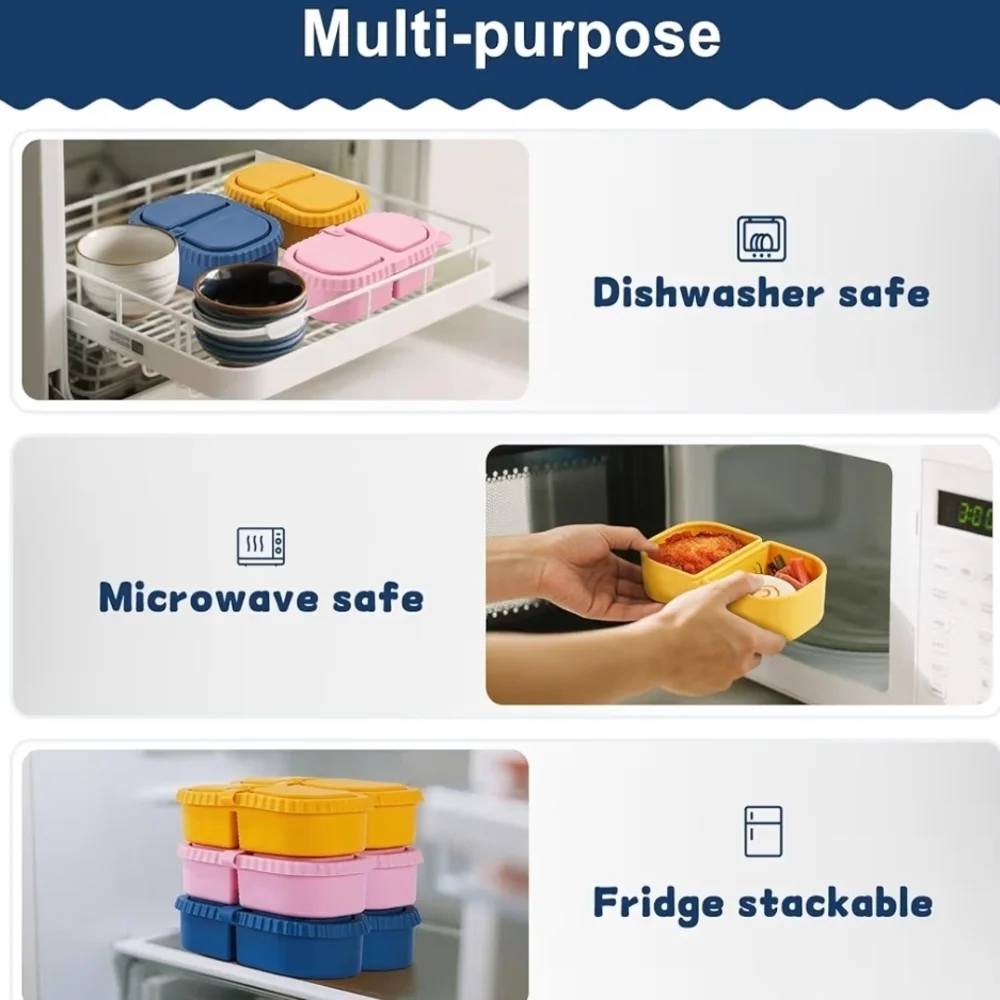 3 Pack Silicone Snack Containers w Lids 8oz Double Compartment BPA Free